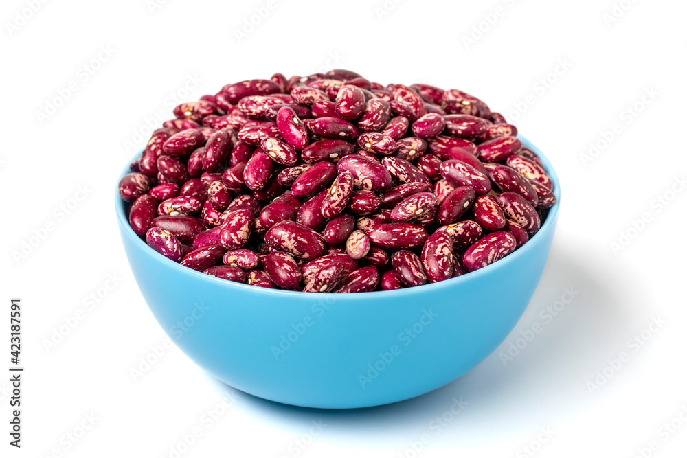Red kidney beans in blue bowl isolated on white background Healthy eating, vegetable protein concept Flat lay Top view Red kidney beans in blue bowl isolated on white background Healthy eating, vegetable protein concept Flat lay Top view