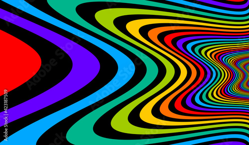 Colorful rainbow abstract vector lines psychedelic optical illusion illustration, surreal op art linear curves in hyper 3D perspective, crazy distorted design, drug hallucination delirium,