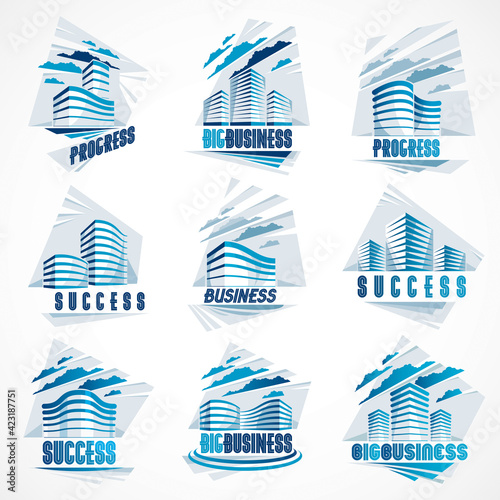 Business buildings set, modern architecture vector illustrations collection. Real estate realty office center designs. 3D futuristic facades in big city. Can be used as a logos or icons.