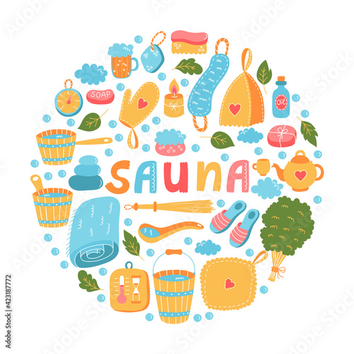 Sauna russian banya colorful vector icons set 