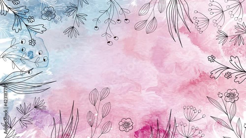 FLOWER FRAME ON INK WATERCOLOR BACKGROUND. VINTAGE SPRING 4K ANIMATION