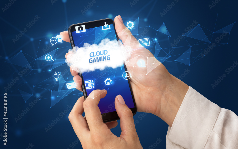 Hand using smartphone with cloud technology concept Hand using smartphone with cloud technology concept