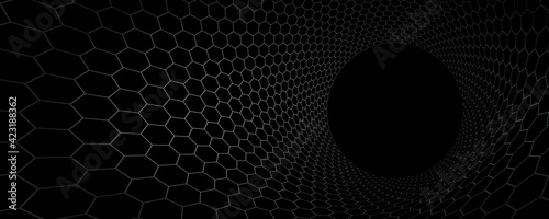 Technology vector abstract background with hexagons mesh, 3D abstraction of nanotechnology and science, electronics and digital style, wire net dimensional perspective.