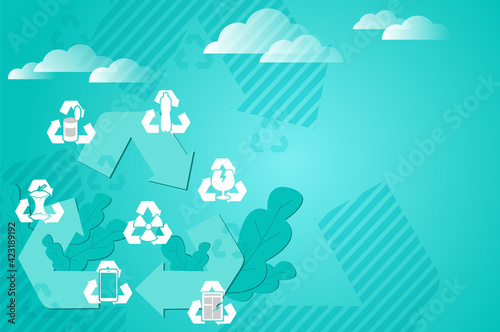 Plastic, organic metal, glass, radioactive e-waste and paper waste recycling symbol. 
Vector illustration concept can be used for landing page, template, ui, poster, banner, website.