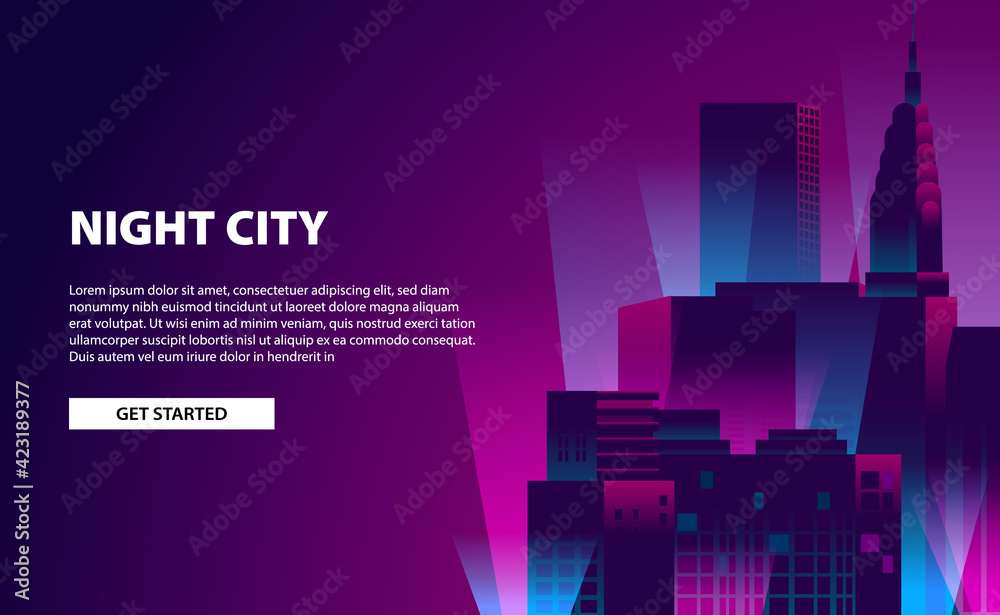 Fototapeta premium Landing page banner glow neon color city night illustration with skyscraper building