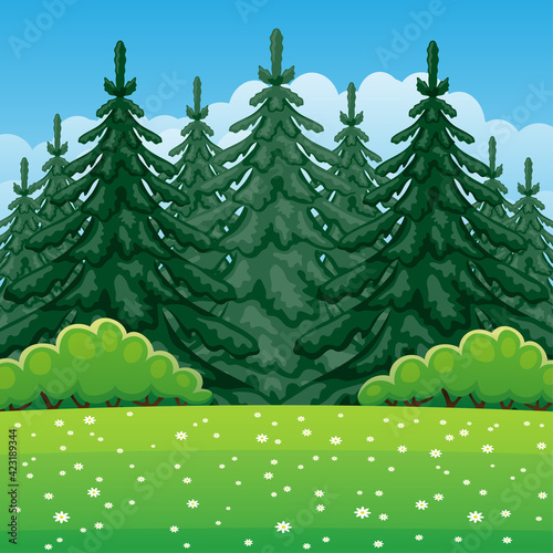 Illustration of summer nature with coniferous forest.