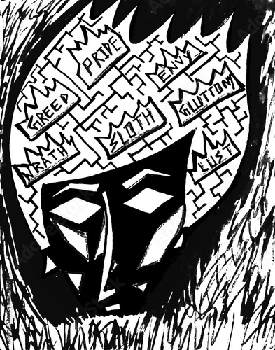 Foto Black and white photo of a imaginary character with bibles seven deadly sins wri