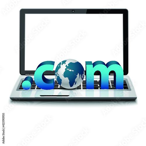 Laptop Computer with word com on White Background