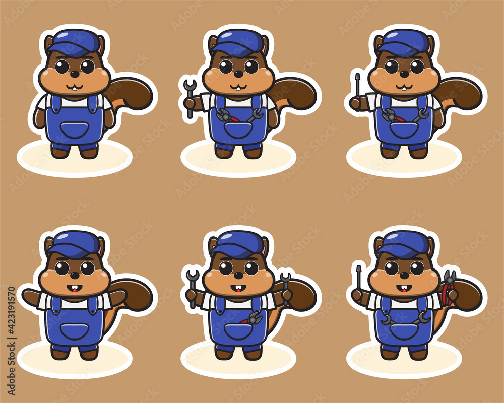 Vector illustration of cute Squirrel Mechanic cartoon. Cute Squirrel expression character design bundle. Good for icon, logo, label, sticker, clipart. Vector illustration of cute Squirrel Mechanic cartoon. Cute Squirrel expression character design bundle. Good for icon, logo, label, sticker, clipart.