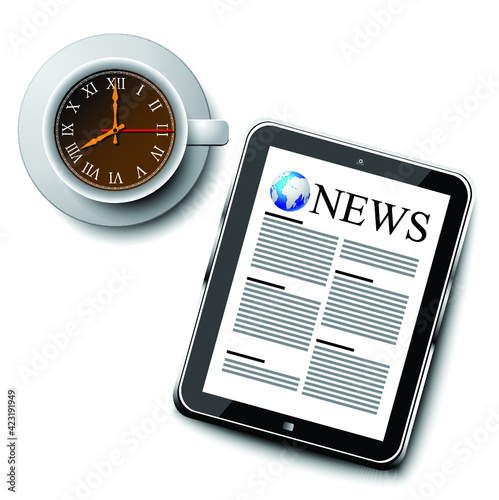 Morning news. Tablet pc and clock as cup of coffee. Isolated