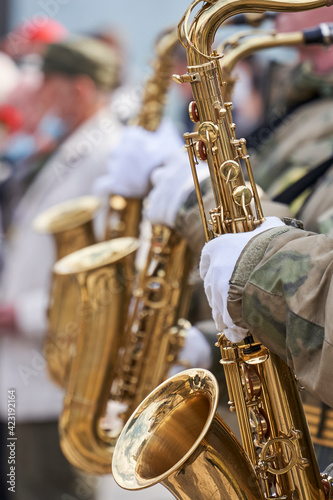 musicians of the military brass band plays the musical instruments