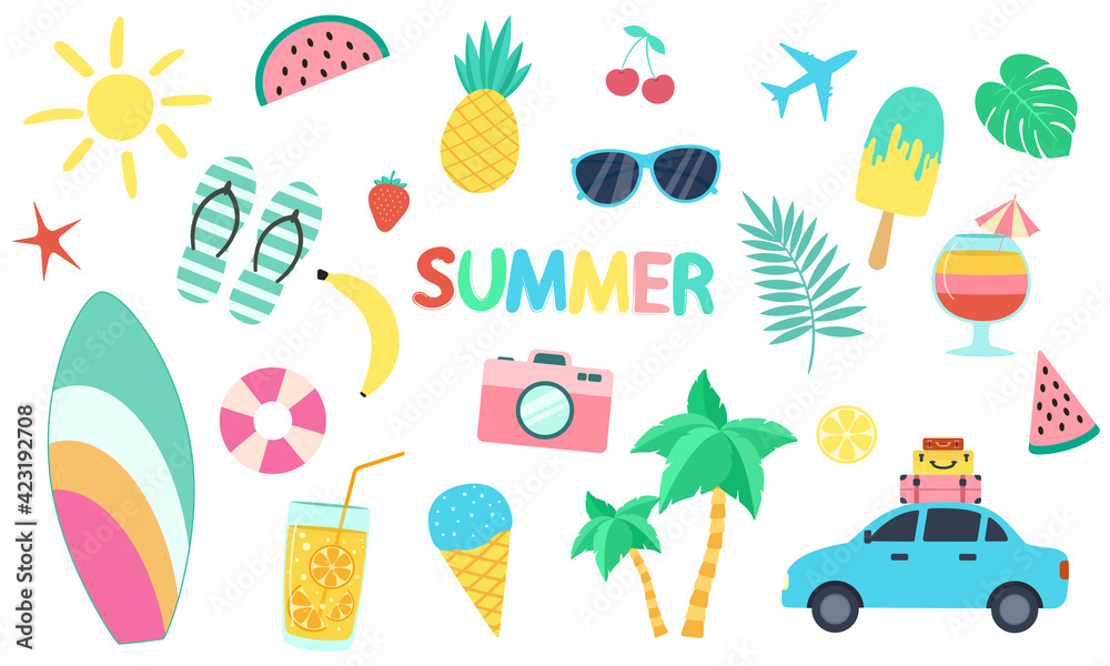 Vector set of summer sticker icons. The illustration is isolated on a white background. Flat style travel and vacation elements collection
Vector set of summer sticker icons. The illustration is isolated on a white background. Flat style travel and vacation elements collection