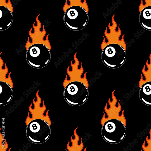 FLAMING BILLIARD 8 BALL COLOR SEAMLESS PATTERN BLACK BACKGROUND