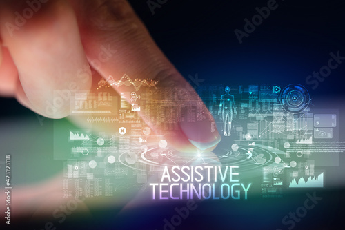 Finger touching tablet with web technology icons concept