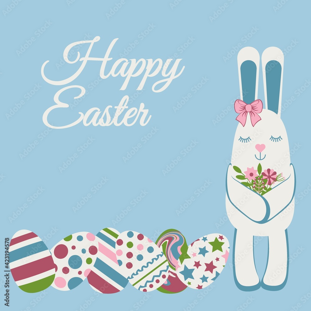 Happy Easter banner in flat style with bunny and painted eggs. Festive Easter template for poster, advertisement or announcement.