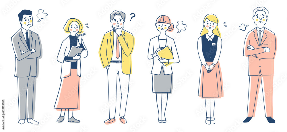 ビジネスパーソン　困った表情　男女6人全身　セット