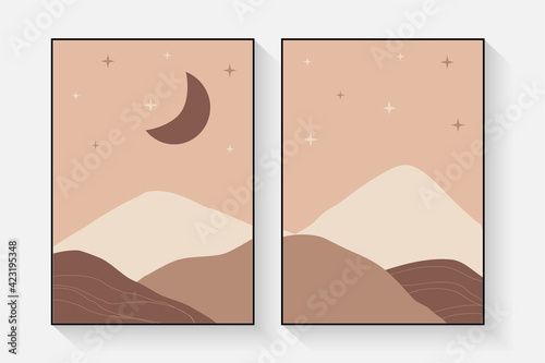 Modern minimalist mid century art print Abstract wall backgrounds landscapes with mountains, moon, vector illustration