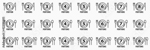 Concept for product packaging or menu. Labeling - no number of servings per dish. Serving utensils with cutlery and recommended servings. Vector set.
