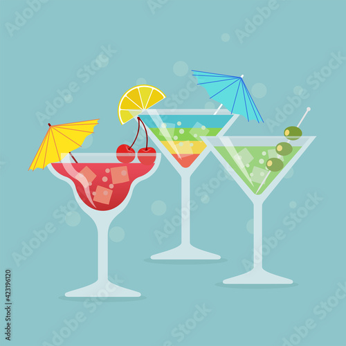 Alcohol cocktails or cold drinks on blue background. Vector illustration.