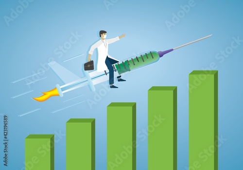 Man flying on vaccination syringe for Corona virus, Covid-19. Growth for medical, pharmacy business or just because more and more people gets vaccinated. Vector illustration. EPS10. photo