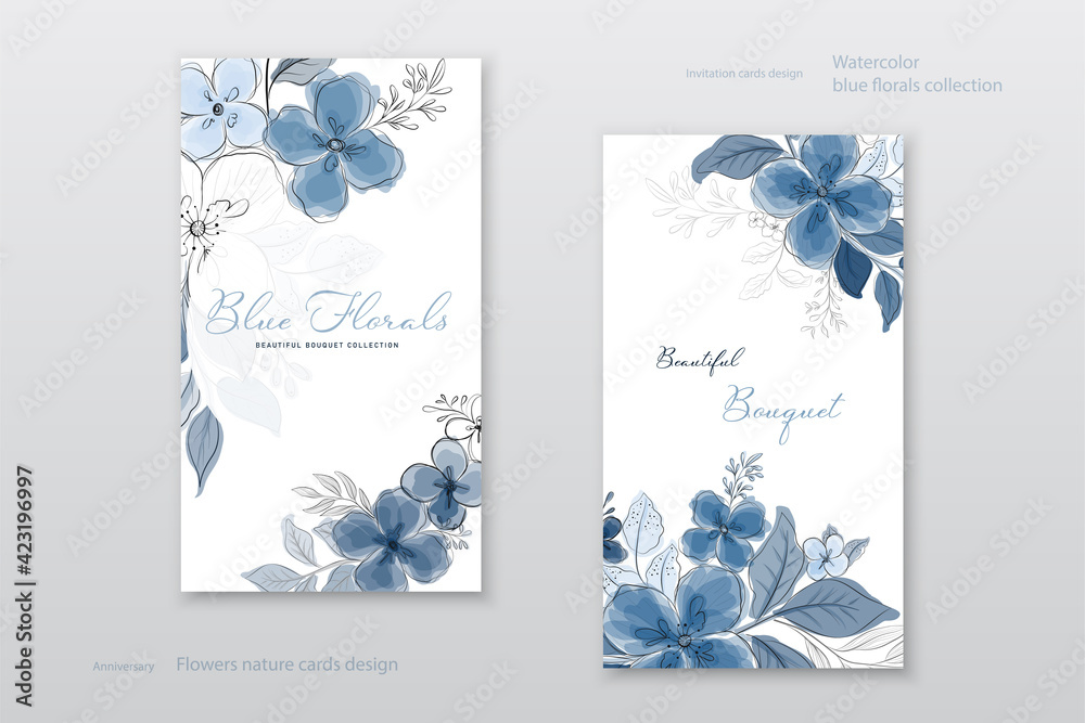 Beautiful blue watercolor flowers cards collection