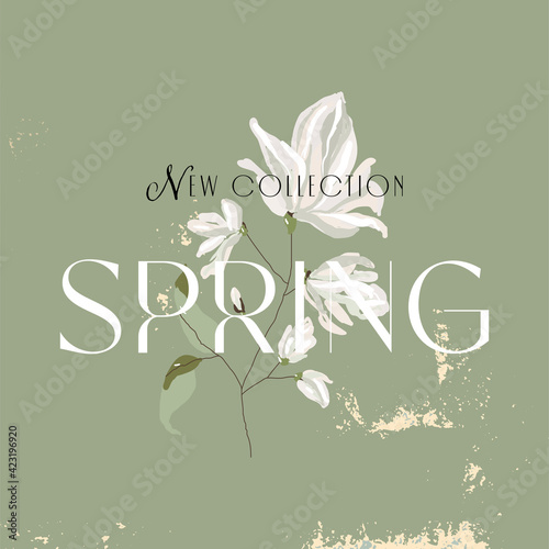 floral spring  social media header or banner for advertising with chic magnolia flower pattern on green dusty background