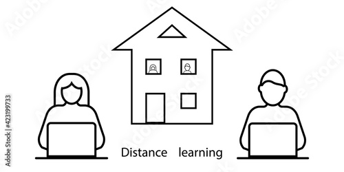 Distance learning. Quarantine. Home schooling of children. Isolation from the world. Vector illustration
