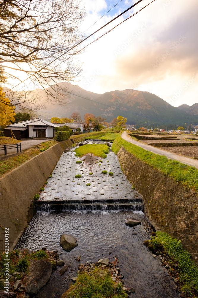 The river in the morning in Yufuin town, Oita, Japan