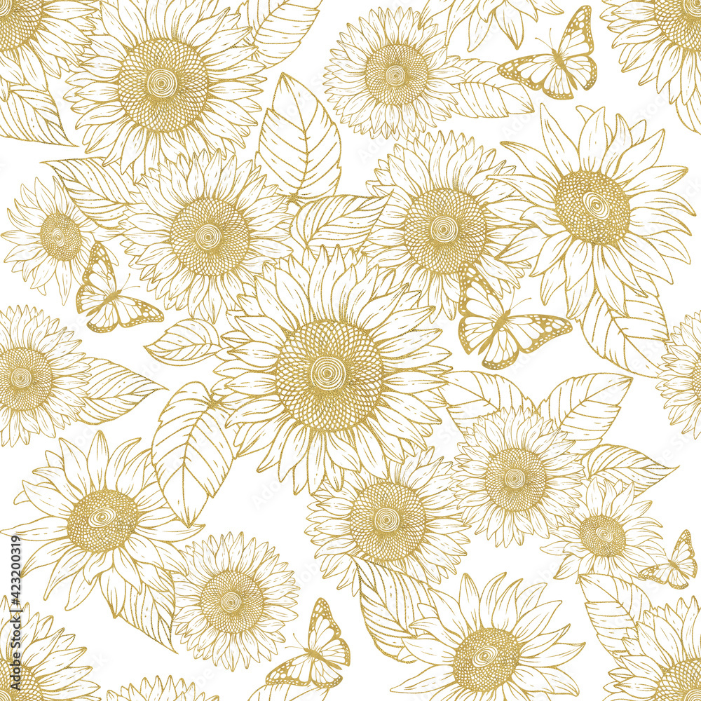A pattern with a field of sunflowers made with a golden texture in a sketch style on a white background. A pattern with a field of sunflowers made with a golden texture in a sketch style on a white background.