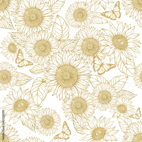 A pattern with a field of sunflowers made with a golden texture in a sketch style on a white background.