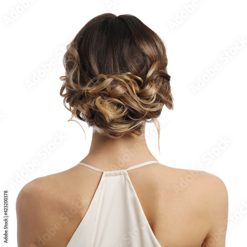 Quadro su tela Young woman with beautiful hairstyle on white background