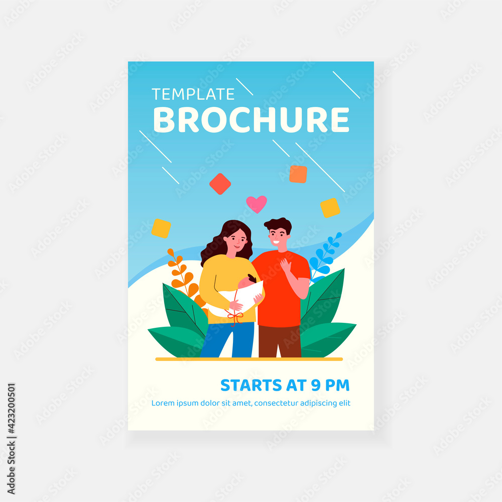 Fototapeta premium Happy new parents holding baby. Young mom and dad, heart symbol, new born child flat vector illustration. Having baby, parenthood, child care concept for banner, website design or landing web page