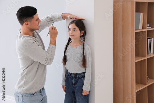 Father measuring height of his daughter near wall indoors