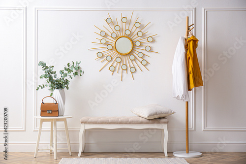 Photography Light hallway with stylish furniture. Interior design