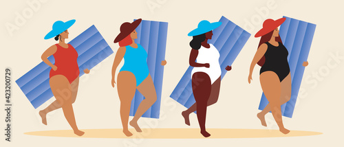 Women with inflatable mattress isolated, flat vector stock illustration with different beautiful friends beach vacation