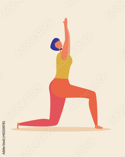 Young woman doing prayer, meditation, yoga isolated, flat vector stock illustration with Beautiful person and lunge