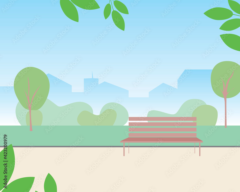 Fototapeta premium Empty park, backdrop template with place for text, flat vector stock illustration with natural garden with lawn and bench