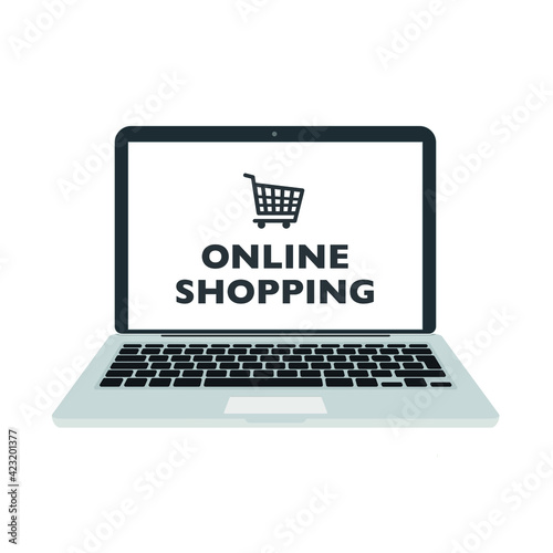 Online shopping on laptop computer flat icon for apps and websites. Vector illustration