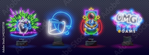 Neon game signs. Retro video games night light icons. Gamer. Game console logo, label and emblem. Neon sign, isolated sticker, bright signboard, light banner.