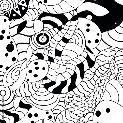 Abstract vector background. Black and white cartoon doodle ornament with waves, lines and dots.