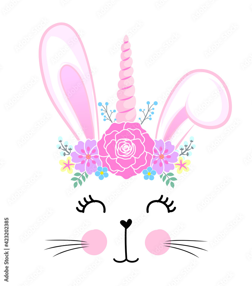 Bunny with floral headband wreath  - Cute bunny drawing. Funny calligraphy for spring holiday, Easter egg hunt. Perfect for advertising, poster, announcement or greeting card. Beautiful bunny unicorn.