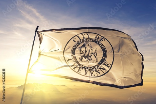 Cheyenne of Wyoming of United States flag waving on the top photo