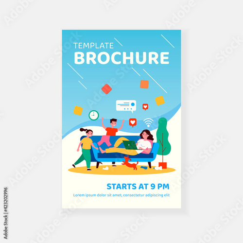 Mom with laptop living on social media. Children and pet making messy at home. flat vector illustration. Careless mother, internet addiction concept for banner, website design or landing web page