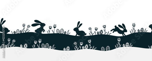 Cute hand drawn horizontal seamless Easter design, silhouette design with bunnies, eggs and flowers, great for web banners, wallpapers, cards - vector design