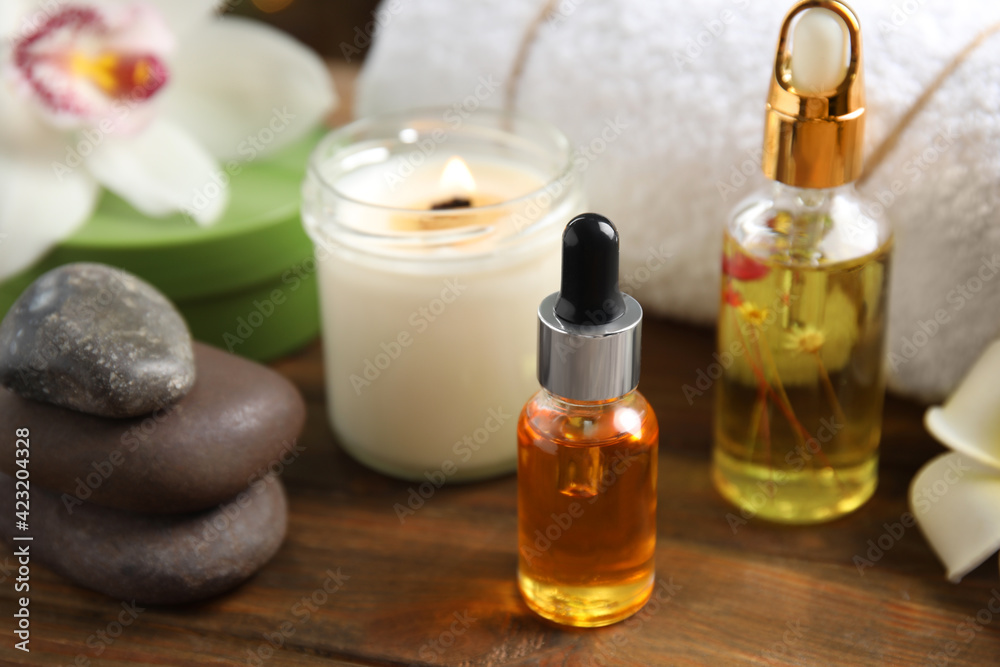 Composition with spa cosmetic on wooden table, closeup Composition with spa cosmetic on wooden table, closeup