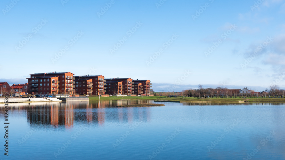 Panoramic view of the new apartment buildings by the lake Råbysjön in Lund Sweden