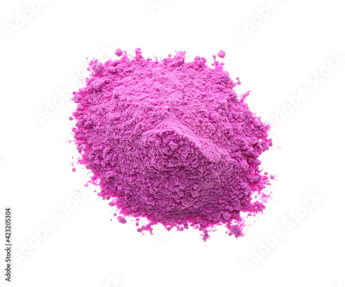 Pile of violet powder isolated on white, top view. Holi festival celebration
