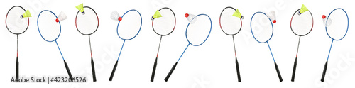 Set with badminton rackets and shuttlecocks on white background. Banner design