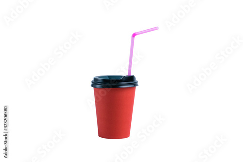 Red paper cup with plastic lid and straw on white background
