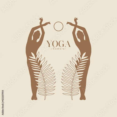 Vector illustration silhouette of two women with palm leaves and moon. Modern minimalist mystical astrology aesthetic card. Beautiful bohemian print set. Collection of contemporary artistic posters